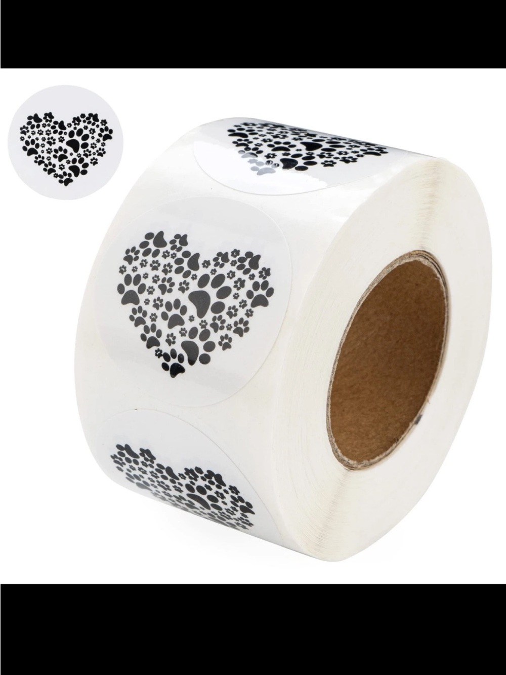 Roll of Heart Paw Print Stickers - Black on White 500 ct